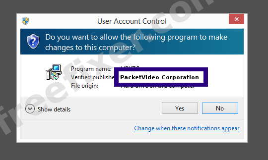 Screenshot where PacketVideo Corporation appears as the verified publisher in the UAC dialog
